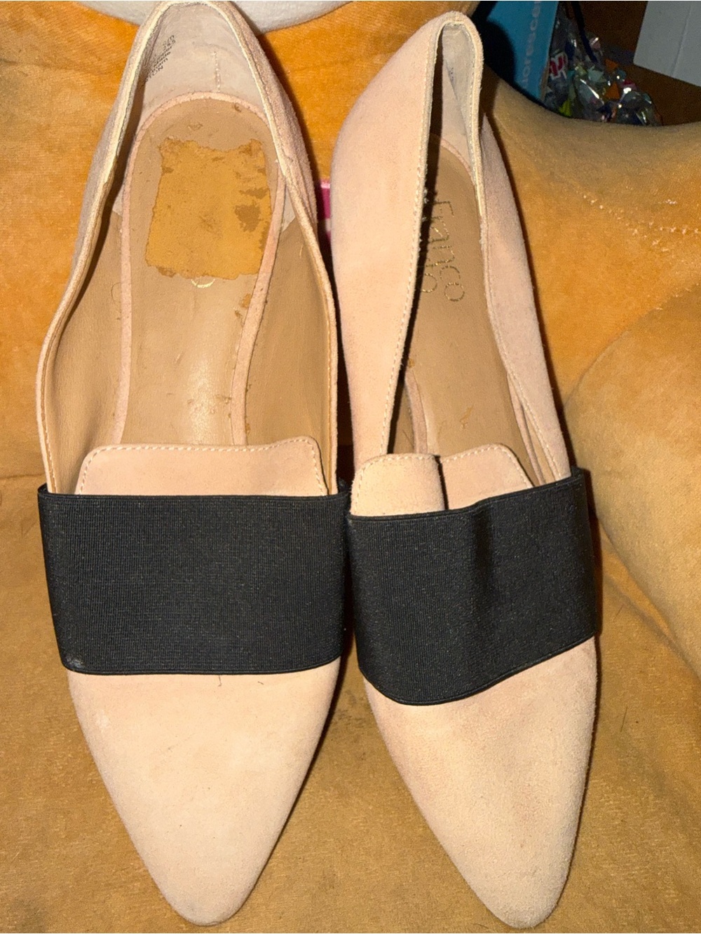 Franco Sarto Blush Suede Pointed Loafers with Black Band